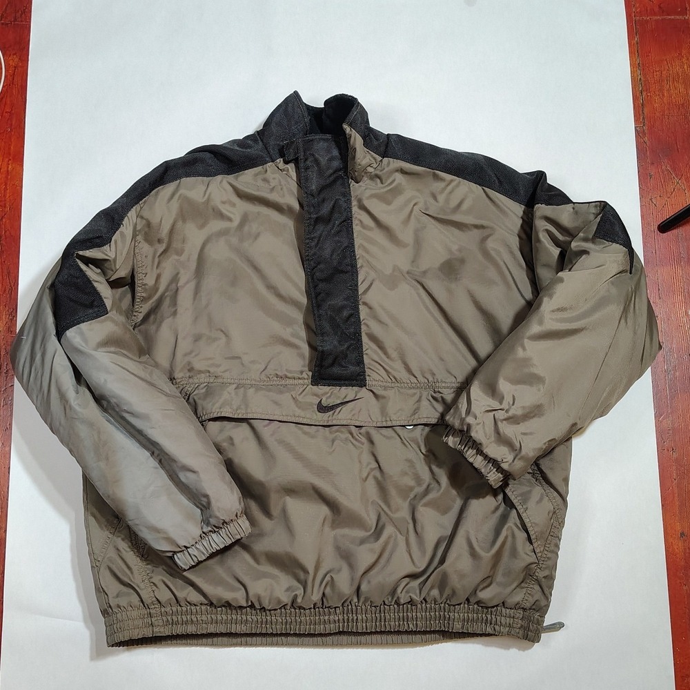 Vintage Nike Anorak Jacket Mens Large Olive Green Black Big Swoosh Pullover L